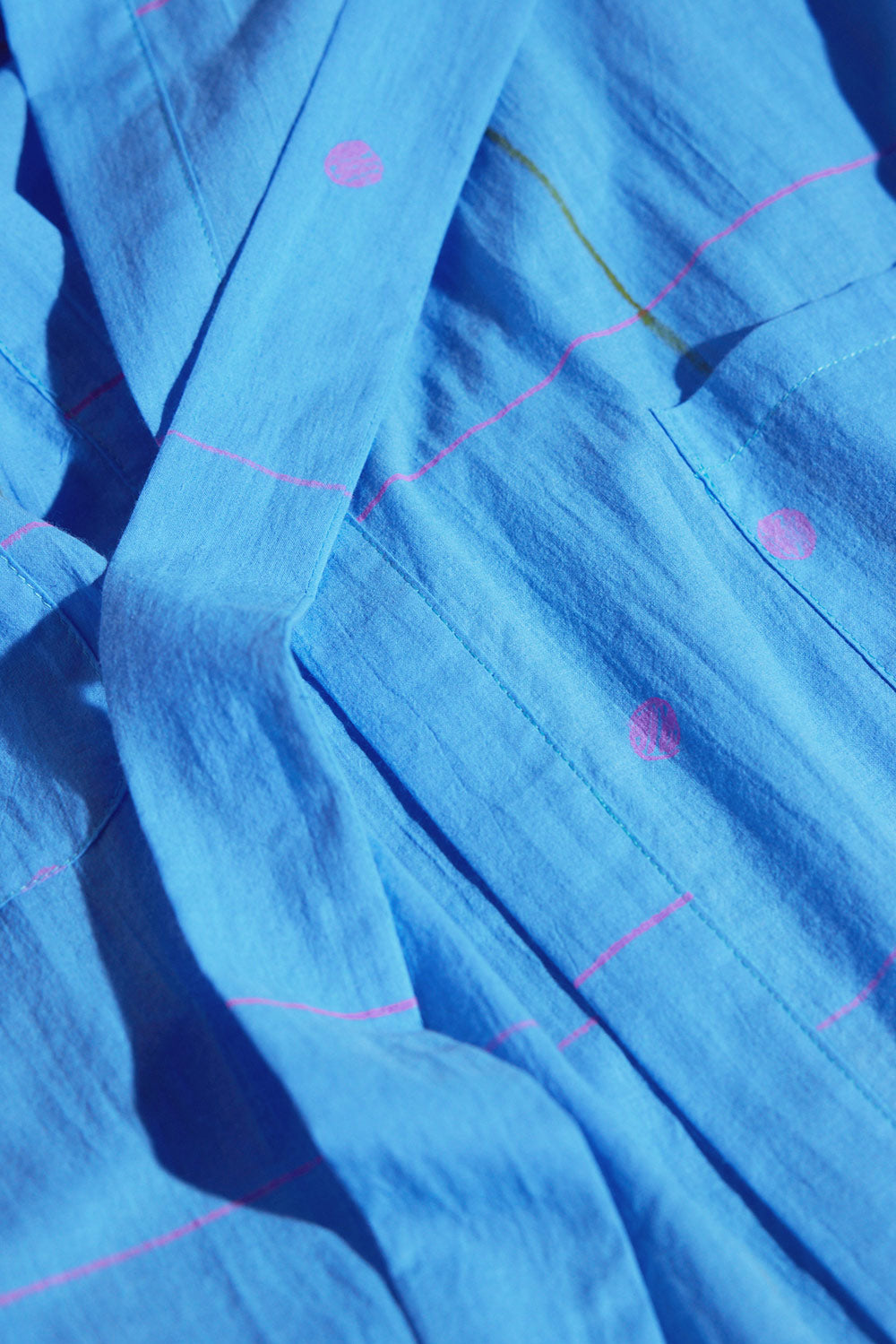 Cotton Robe / Pink Grid on Cyan Blue