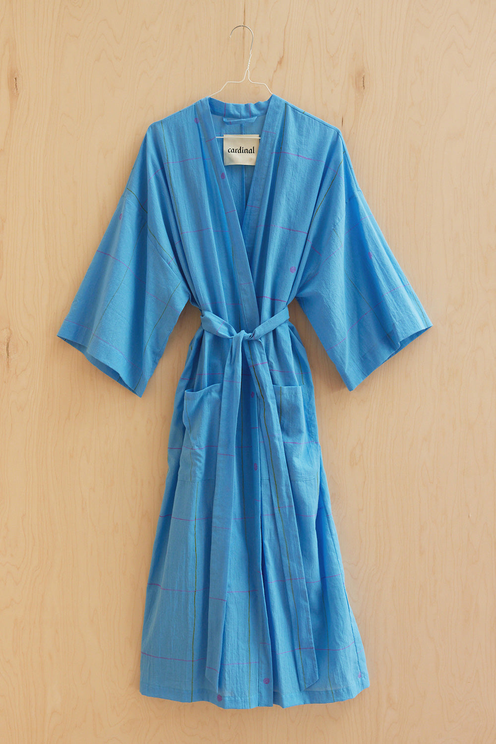 Cotton Robe / Pink Grid on Cyan Blue