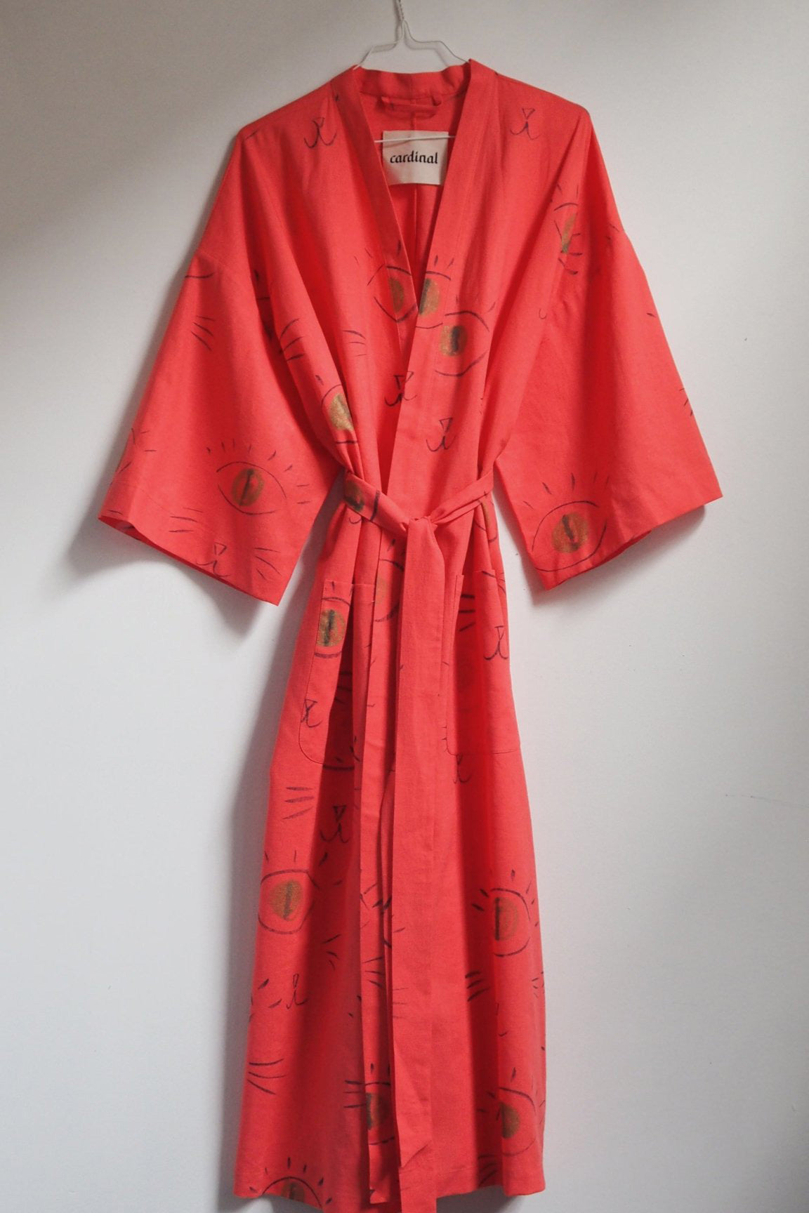 Linen Robe / One-Eyed Cat on Coral Red