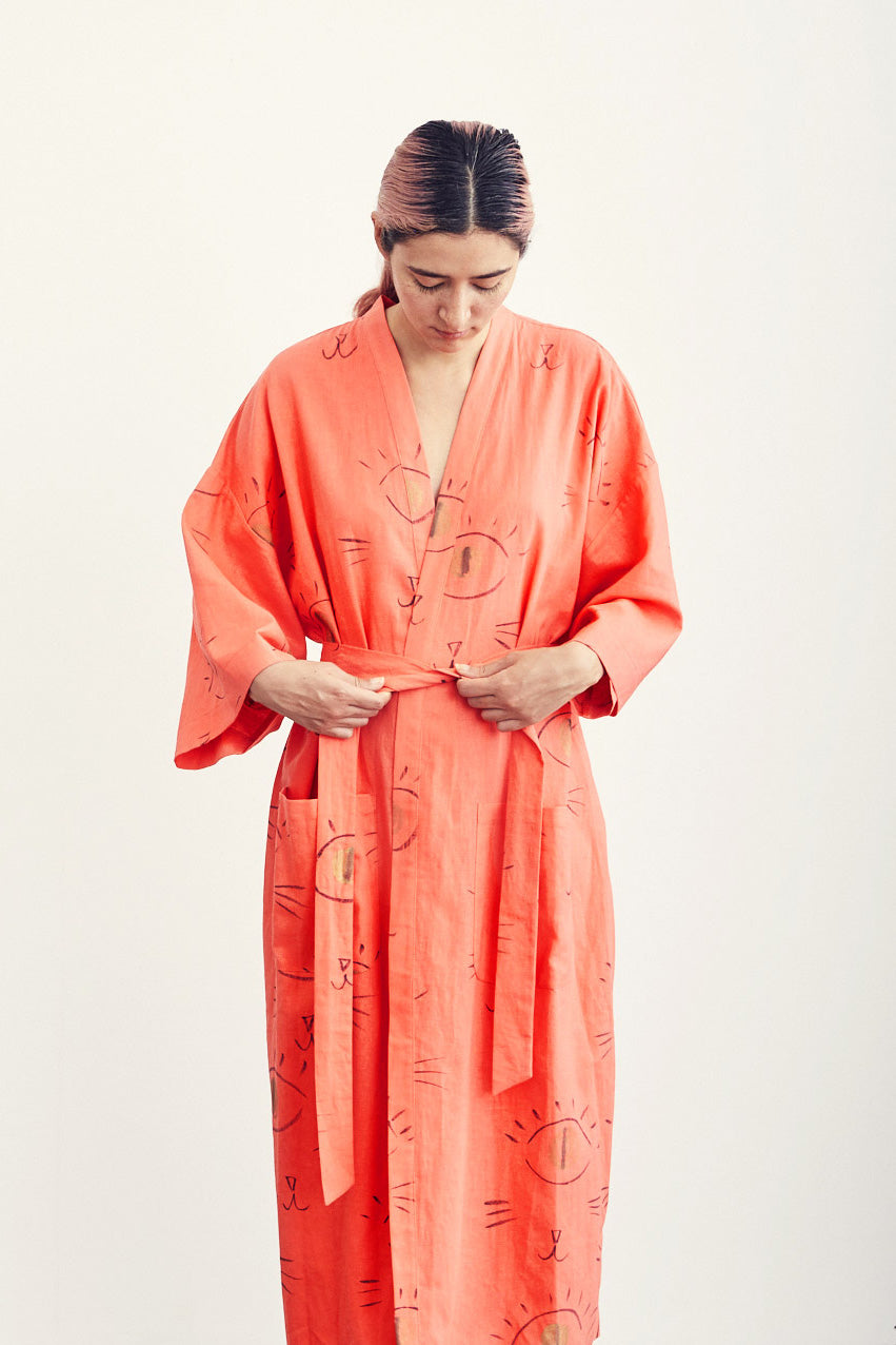 Linen Robe / One-Eyed Cat on Coral Red