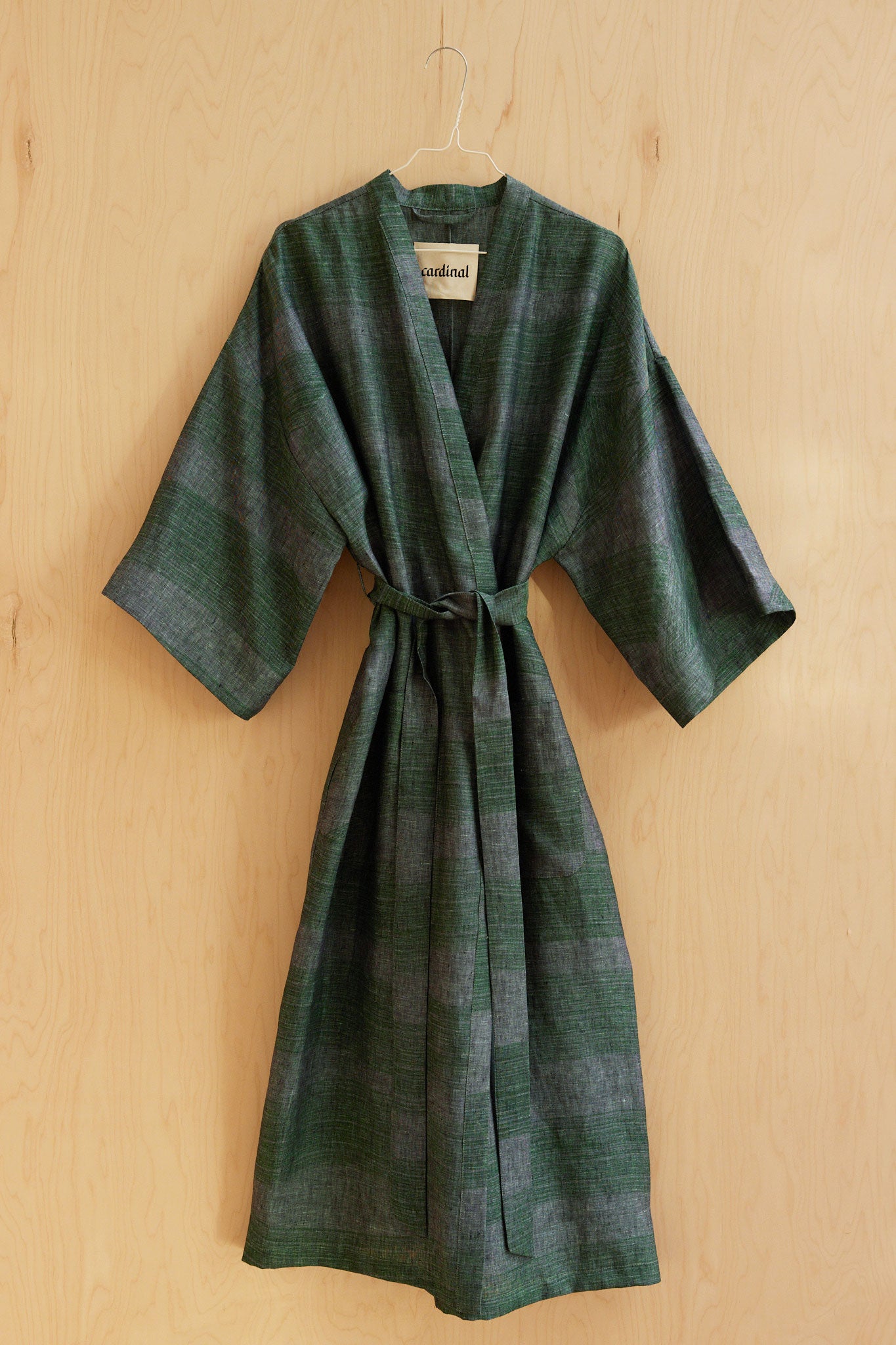 Linen Robe / Green Dunes on Denim Blue